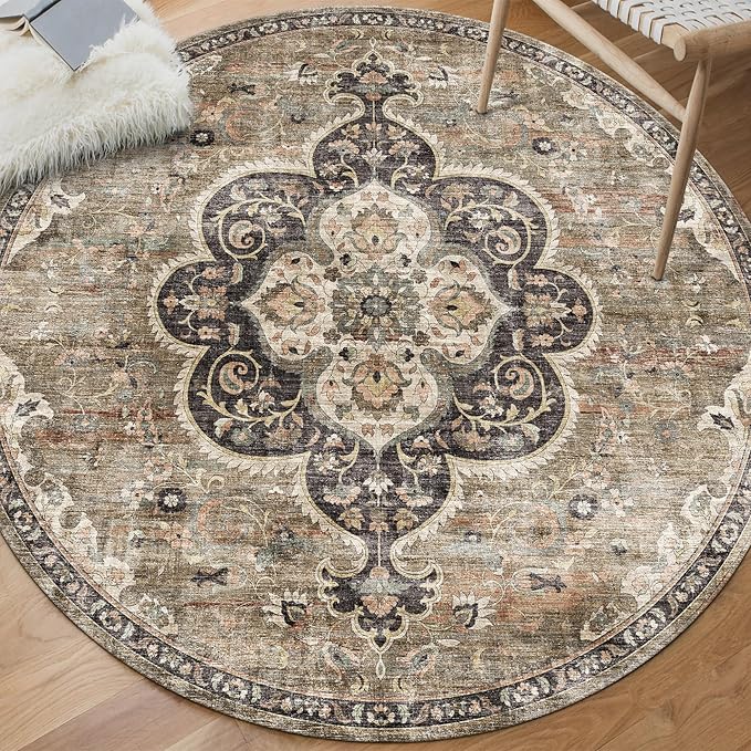 ReaLife Rugs Machine Washable Area Rug - Living Room Bedroom Bathroom Kitchen Entryway Office - Non Slip Low Pile Stain Resistant Premium - Boho Farmhouse Vintage - Joy - Brown Beige 4' Round