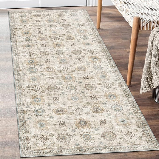 ReaLife Rugs Machine Washable Area Rug Runner - Living Room Bedroom Bathroom Kitchen Entryway Office - Padded Low Pile Stain Resistant Premium - Boho Farmhouse Vintage - Bryn - Beige Seafoam 2'6"x6'
