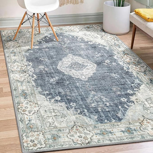 MUJOO Boho Rug 3'x5' Blue Grey Rugs Machine Washable Area Rug Small Non Slip Throw Rugs for Entryway Bedroom Bedside Kitchen Hallway Living Room Laundry Room Indoor Carpet Soft Low-Pile Floral