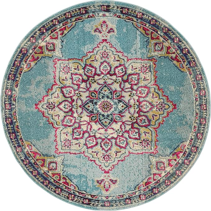 Unique Loom Medici Collection Floral Medallion Traditional Vintage Light Blue Round Rug (6' 0 x 6' 0)