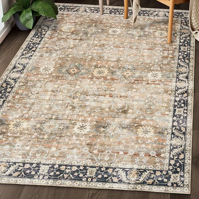 ReaLife Machine Washable Area Rug - Living Room Bedroom Bathroom Kitchen Entryway Office - Padded Low Pile Stain Resistant Premium - Boho Farmhouse Vintage - BEV - Beige Tan Brown 7'6" x 9'6"