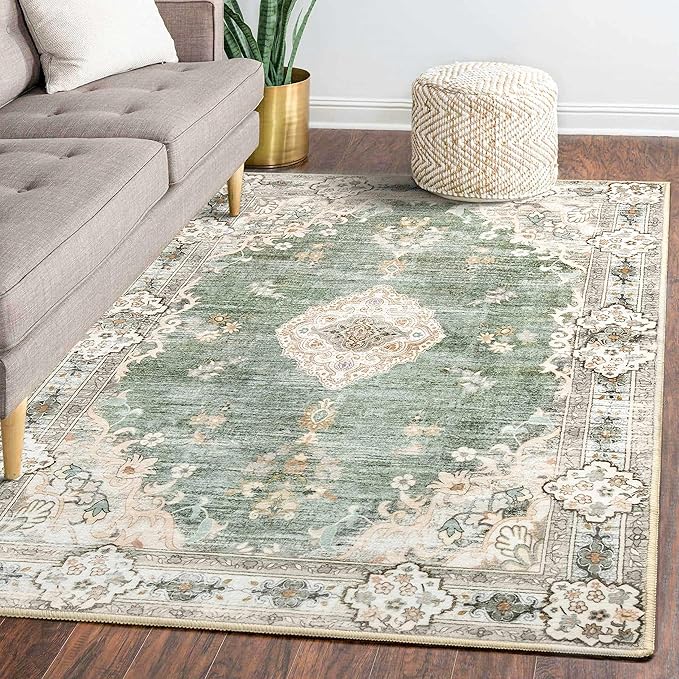 MUJOO 5'x7' Area Rugs Green Machine Washable Rugs Living Room Rugs Boho Area Rug for Bedroom Laundry Room Kitchen Non Slip Carpet Abstract Soft Low-Pile Floral