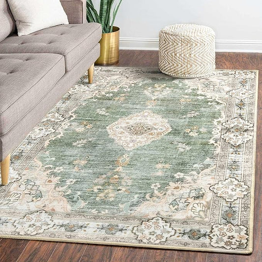 MUJOO 5'x7' Area Rugs Green Machine Washable Rugs Living Room Rugs Boho Area Rug for Bedroom Laundry Room Kitchen Non Slip Carpet Abstract Soft Low-Pile Floral