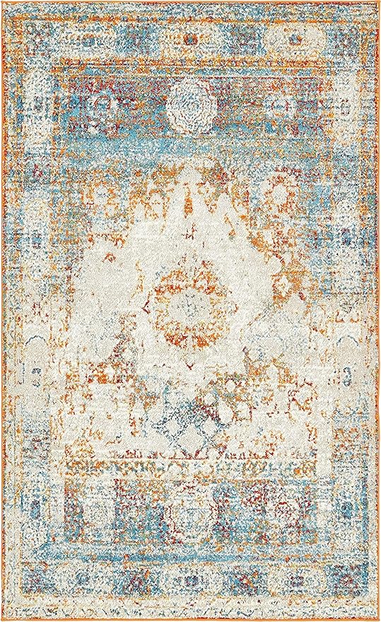 Unique Loom Rosso Collection Traditional, Vintage, Medallion, Border, Distressed, Southwestern Area Rug, 5 ft x 8 ft, Ivory/Blue