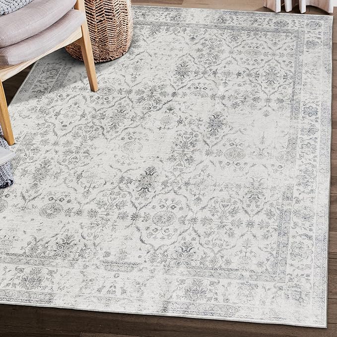 ReaLife Rugs Machine Washable Area Rug - Living Room Bedroom Bathroom Kitchen Entryway Office - Padded Low Pile Stain Resistant Premium - Boho Farmhouse Vintage - Noor - Ivory Grey 7'6" x 9'6"