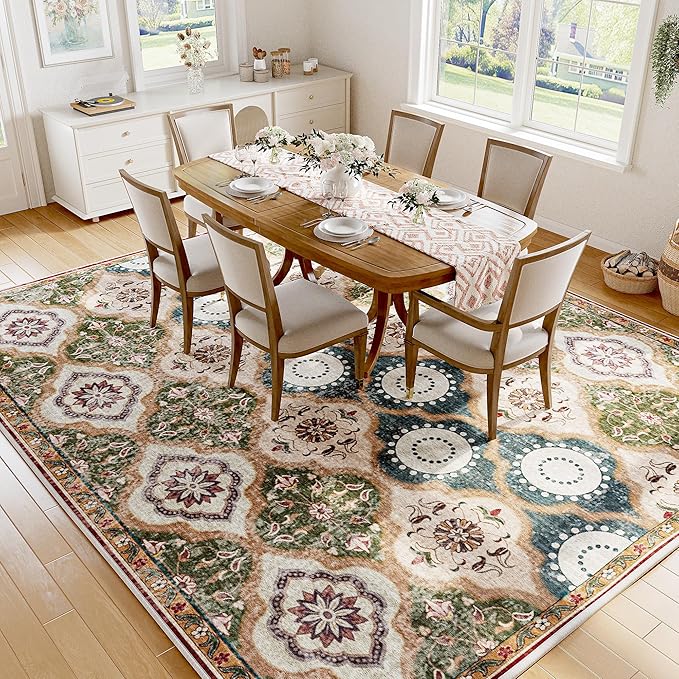 EnHomee 8x10 Area Rug, Soft Washable Rugs for Living Room Bedroom, Boho Non Slip Low Pile Stain Resistant Washable Rug Large Area Rugs for Dining Room,Easy to Clean Living Room Rug, Red & Green