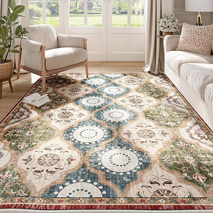 EnHomee Boho Chic 4x6 Washable Rug - Soft, Low Pile & Durable for High-Traffic Living Rooms & Bedrooms Stain Resistant, Non-Slip Easy Clean Carpet in Red&Green