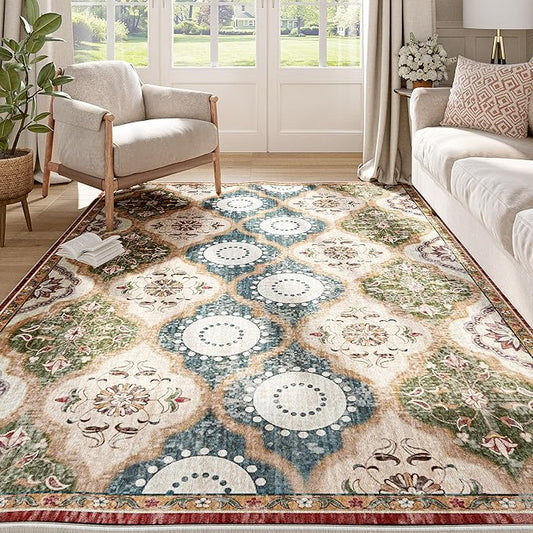 EnHomee Boho Chic 4x6 Washable Rug - Soft, Low Pile & Durable for High-Traffic Living Rooms & Bedrooms Stain Resistant, Non-Slip Easy Clean Carpet in Red&Green