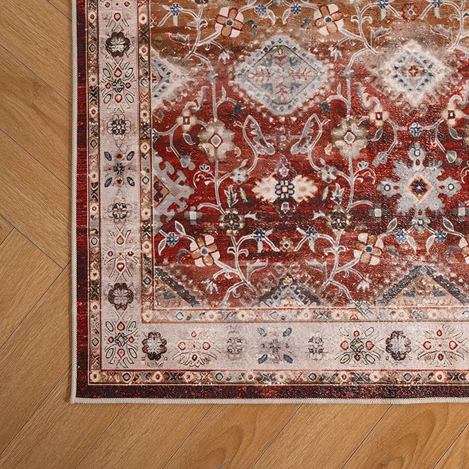 8X10 Area Rug,Washable Vintage Low Pile Rug for Living Room,Non-Slip Rug for Home Decor, Modern Indoor Carpet for Bedroom Dinning Room Office Nursery,Easy to Clean,Red