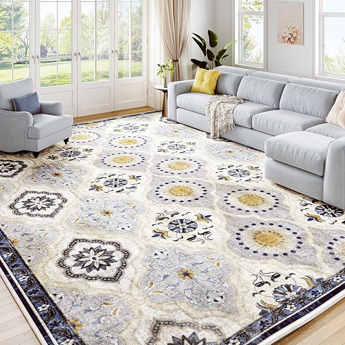 EnHomee 8x10 Area Rug, Soft Washable Rugs for Living Room Bedroom, Boho Non Slip Low Pile Stain Resistant Washable Rug Large Area Rugs for Dining Room,Easy to Clean Living Room Rug, Blue