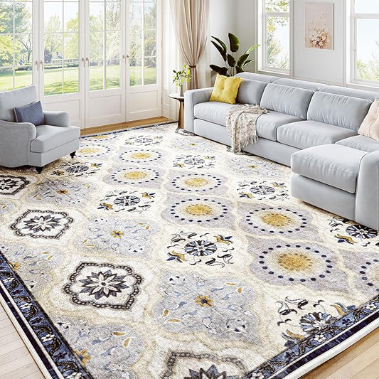 EnHomee 8x10 Area Rug, Soft Washable Rugs for Living Room Bedroom, Boho Non Slip Low Pile Stain Resistant Washable Rug Large Area Rugs for Dining Room,Easy to Clean Living Room Rug, Blue