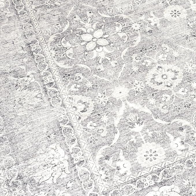 ReaLife Rugs Machine Washable Area Rug - Living Room Bedroom Bathroom Kitchen Entryway Office - Padded Low Pile Stain Resistant Premium - Boho Farmhouse Vintage - Noor - Silver Ivory 4' x 6'