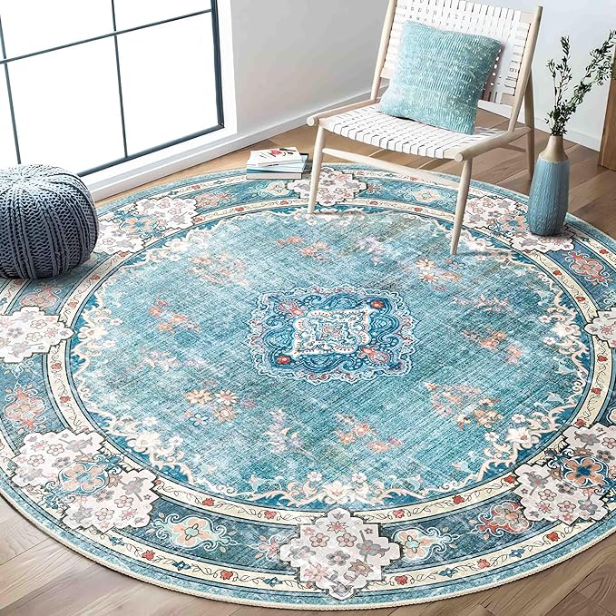 MUJOO Teal Round Rug 6ft,Circle Washable Area Rugs for Bedroom Living Room Bathroom,Boho Large Non Slip Circular Carpet,Floral