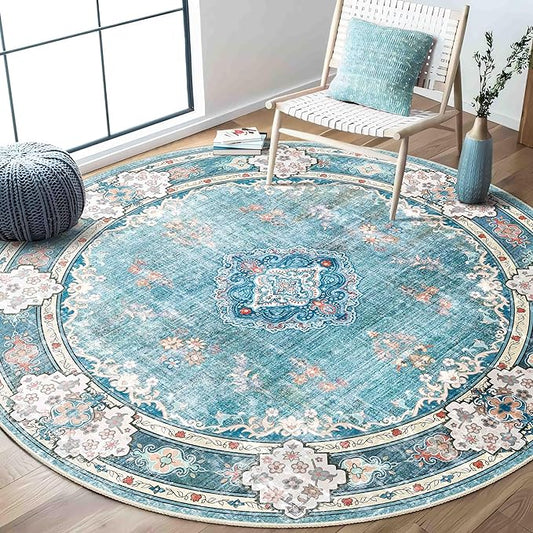 MUJOO Teal Round Rug 6ft,Circle Washable Area Rugs for Bedroom Living Room Bathroom,Boho Large Non Slip Circular Carpet,Floral