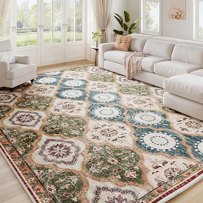 EnHomee Area Rugs 5x7, Soft Washable Rugs for Living Room Bedroom, Boho Non Slip Low Pile Stain Resistant Washable Rug Large Carpet for Dining Room,Easy to Clean Living Room Rug, Red & Green