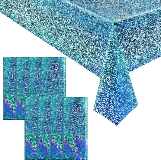 8pcs Blue Holographic Laser Tablecloths 40" x 108" Plastic Table Cloths for Parties Shimmer Shiny Party Decoration for Winter Ocean Princess Birthday Party Wedding Baby Shower Christmas Decor